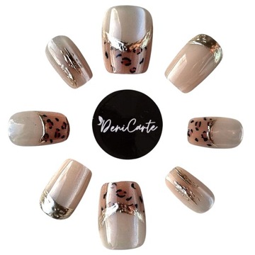 Paznokcie Sztuczne Tipsy Nude Perłowe Pearl Animal French Panterka Gold