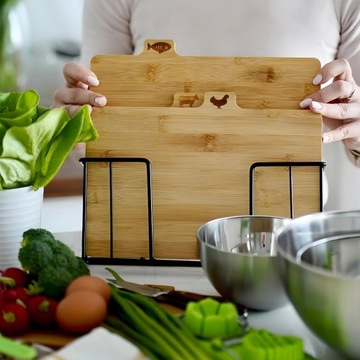4x НАБОР ДЕРЕВЯННЫХ КУХОННЫХ РАЗДЕЛОЧНЫХ ДОСОК + ПОДСТАВКА-ОРГАНИЗАТОР