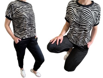 DAMSKI KOMPLET WELUROWY SPODNIE BLUZA KRÓTKI RĘKAW ZEBRA DRES S / M