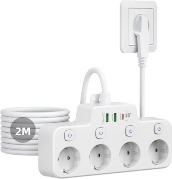 Listwa zasilająca 2x USB 1x USB C 4 gniazda indywidualnie przełączana 2 m