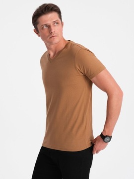 Męska bawełniana koszulka dekolt w serek ciepło-brązową V8 OM-TSBS-0145 M