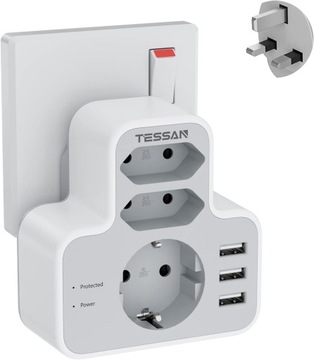 TESSAN Adapter Podróżny UK Adapter Anglia Niemcy Wtyczka z 3 USB, Typu G Ad