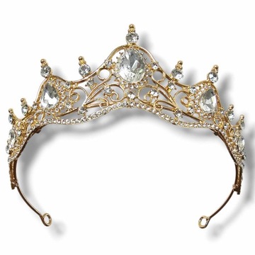 Elegancka Tiara, korona, diadem ślubny złoty z cyrkoniami