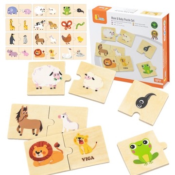 VIGA DREWNIANE PUZZLE KAFELKI UKŁADANKA DOPASUJ ZWIERZĄTKA MAMA I DZIECKO