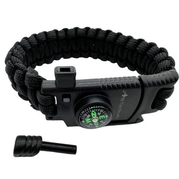 BRANSOLETKA OPASKA SURVIVALOWA PARACORD KRZESIWO KOMPAS GWIZDEK NÓŻ 32-BLK