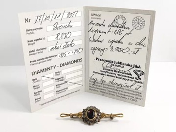 SREBRNO-ZŁOTA 18K SPINKA BROSZKA ROZETA DIAMENTOWA GRANAT CERTYFIKAT