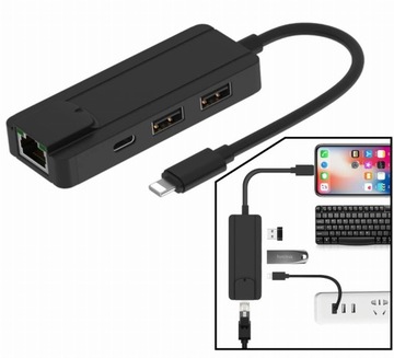 HUB Lightning 2x USB 2.0 и Ethernet RJ45 + блок питания