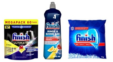 FINISH ULTIMATE LEMON ZESTAW XXL KAPSUŁKI 60szt+NABŁYSZCZACZ 800ml+ SÓL 1kg