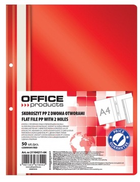 Skoroszyt PP A4 2 otwory wpinany czerwony 50szt