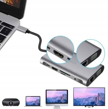 Адаптер HUB 10in1 USB 3.0 PD 87 Вт HDMI SD VGA RJ45