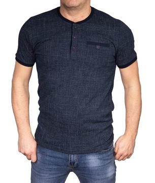 Koszulka męska elegancka jeans granat z kieszonką tshirt guziki Bastion 2XL