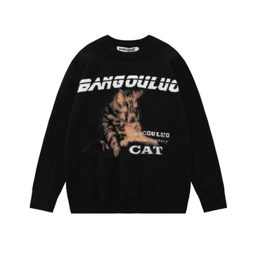 Autumn Winter Men Embroidered Cat Pattern Sweater