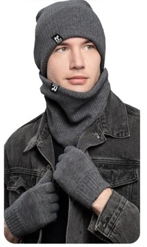 ТЕПЛЫЙ КОМПЛЕКТ для мужчины, ШАПКА+ЮБКА, ЗИМНИЙ шарф, Лак, СЕРОЕ КАЧЕСТВО