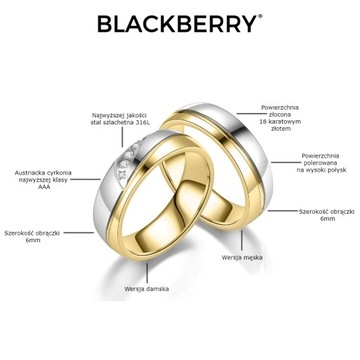 OBRĄCZKA ŚLUBNA ZŁOTA SREBRNA STAL 1 SZTUKA BLACKBERRY KO8