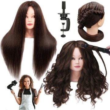 Głowa fryzjerska treningowa brąz 60cm statyw Długie gęste włosy upinania