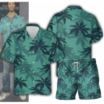 Stylowa modna męska Hawajska koszula w palmy z krótkim rękawem + spodenki