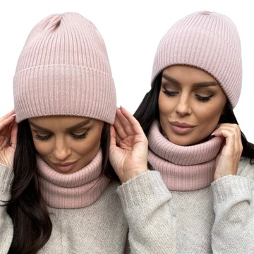 KOMPLET DAMSKI CZAPKA BEANIE KOMIN GOLF TUBA DUŻY ZESTAW CIEPŁY PUDROWY RÓŻ
