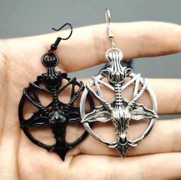 Kolczyki Wiszące Pentagram Głowa Kozy Piercing Goth Wicca Czarne