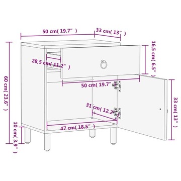 Прикроватная тумбочка, 50х33х60 см, массив манго