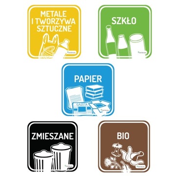 Naklejki na kosze SEGREGACJA śmieci 20x20cm 5 szt