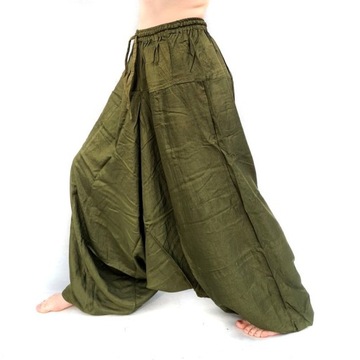 Szarawary damskie męskie spodnie khaki zielone alladynki haremki joga Indie