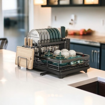 СУШИЛКА ДЛЯ СУШКИ ПОСУДЫ С ДВУМЯ ГОРИЗОНТАЛЬНЫМИ СЛИВАМИ, ЧЕРНАЯ