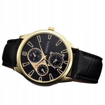 Męski zegarek Geneva, czarna koperta, skórzany pasek