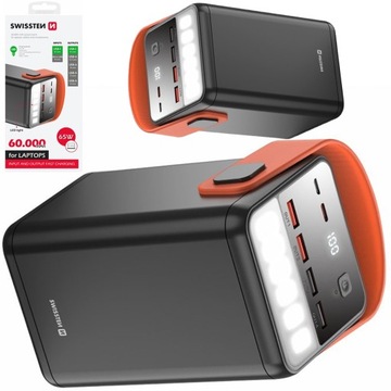 Powerbank 60000 мАч 65 Вт для ноутбука-смартфона со светодиодным фонариком USB-C USB-A