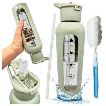 SZKLANA BUTELKA NA WODĘ BIDON SHAKER Z MIARKĄ I DZIUBKIEM SILIKONOWE ETUI