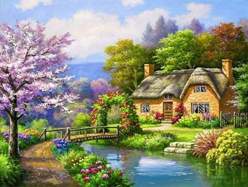 HAFT DIAMENTOWY Diamond Painting Mozaika Wiosenny Domek 45x58 cm Zestaw 5D