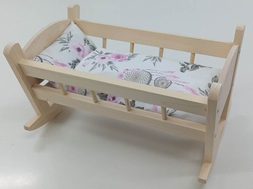 KOŁYSKA DREWNIANA dla lalek NIEMALOWANA + POŚCIEL