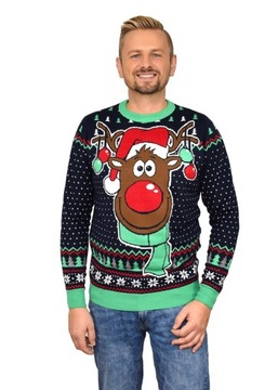 GRANATOWY SWETER ŚWIĄTECZNY RENIER RUDOLF MĘSKIE SWETRY ŚWIĄTECZNE XMAS M