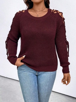 BORDOWY PRĄŻKOWANY SWETER SZNUROWANE RĘKAWY PLUS SIZE SHEIN 1XL