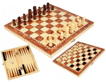 SZACHY WARCABY TRYKTRAK DREWNIANE GRY 3W1 24x24cm