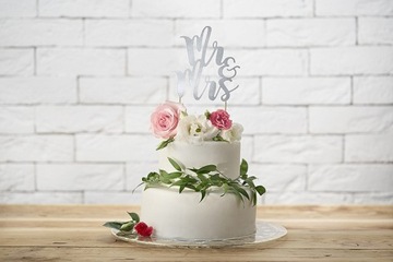 Topper na tort weselny Mr&Mrs srebrny 25,5 cm