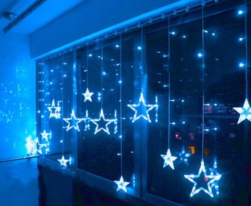 KURTYNA ŚWIETLNA LED ŚWIĄTECZNA WISZĄCE GWIAZDKI 12szt BIAŁE CIEPŁE PROGRAM