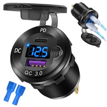PODWÓJNA ŁADOWARKA SAMOCHODOWA MIERNIK NAPIĘCIA WOLTOMIERZ USB USB C QC 3.0
