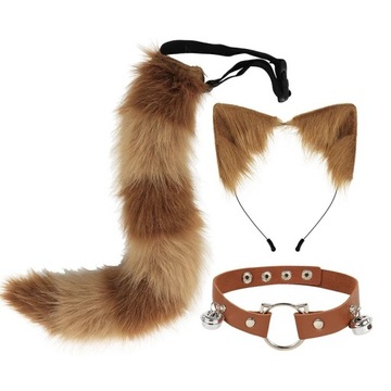 ZESTAW COSPLAY FURRY USZY NA OPASCE DŁUGI OGON + CHOKER WILK LIS FUTRZAK