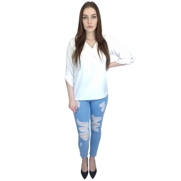 Bluzka damska koszulowa elegancka dekolt serek biała XL (42)