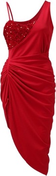 Sukienka asymetryczna czerwona odkryte ramiona Midi rozcięcie cekiny roz. L