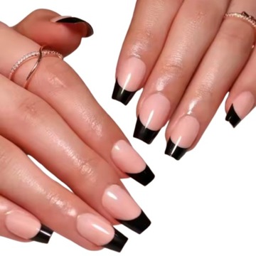 Paznokcie Sztuczne Tipsy Kwadrat Nude Czarny French Różowe Samoprzylepne