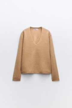 ZARA PIĘKNY SWETER CAMEL DEKOLT V KASZMIR 95 % S/M