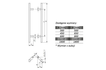 INOX Прямоугольная дверная ручка из нержавеющей стали 1400/45°