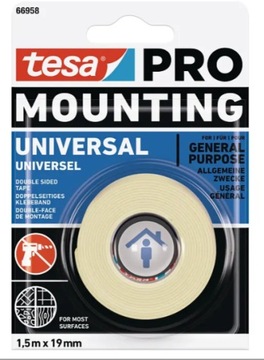 DWUSTRONNA TAŚMA MONTAŻOWA UNIWERSALNA TESA PRO MOUNTING 1,5M X 19MM MOCNA