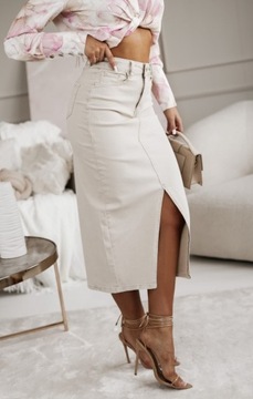 ДЛИННАЯ ДЖИНСОВАЯ ЮБКА С РАЗРЕЗОМ, БЕЖЕВАЯ, ДЛЯ ПОХУДЕНИЯ, РАЗМЕРЫ PL