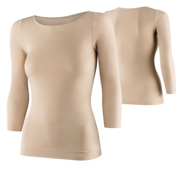 BRUBECK DAMSKA KOSZULKA TERMOAKTYWNA RĘKAW 3/4 COMFORT MERINO BEŻOWY M