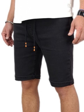 SPODENKI męskie CZARNE JEANSOWE krótkie spodnie rozciągliwe PAS z GUMKĄ - M