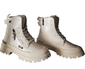 Damskie Płaskie Botki Sneakersy Ocieplane Traperki z Futerkiem Beżowy r. 36