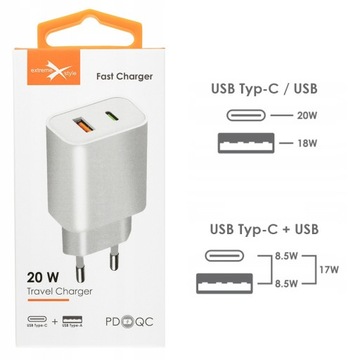 ŁADOWARKA SIECIOWA 20W | USB TYP-C (PD) + USB (QC)