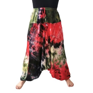 Szarawary spodnie alladynki haremki joga przewiewne czerwono-zielone Indie